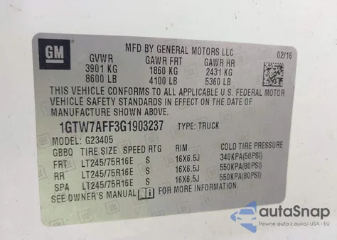 2016 GMC Savana 2500 Work Van from USA, damaged, VIN 1GTW7AFF3G1903237